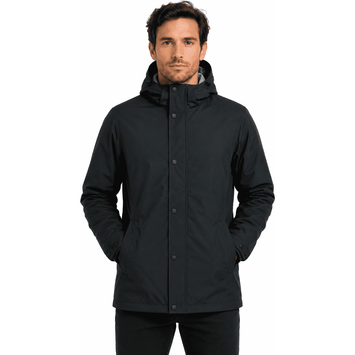A black men's jacket with a hood, featuring a logo, and a front zip and button closure.