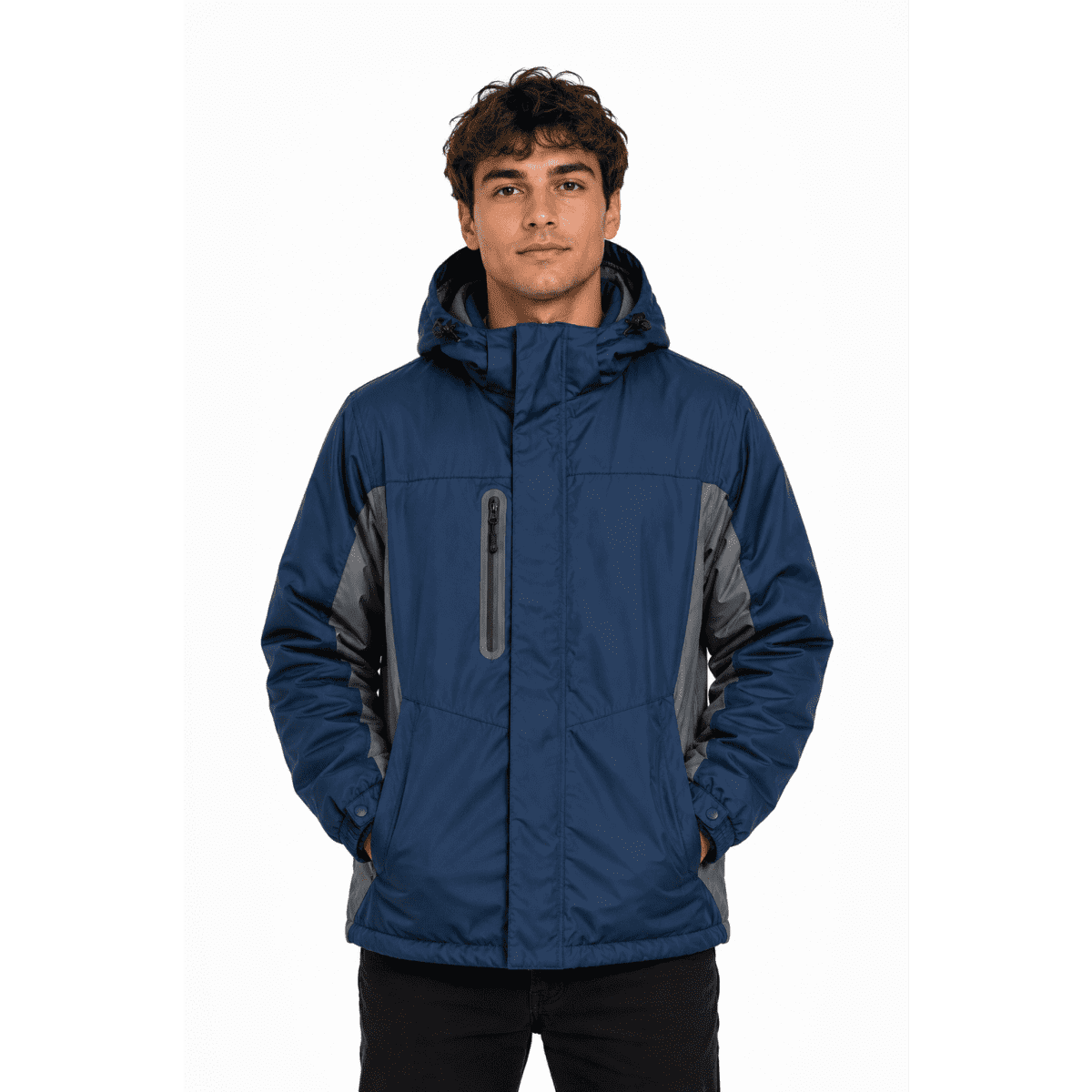 A navy blue and grey men's jacket with a hood and front zip, featuring a logo on the chest.