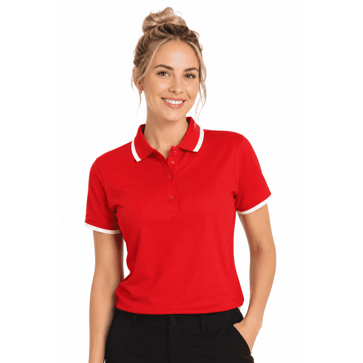 A red polo shirt with white accents, featuring a collar and buttons, designed for women.