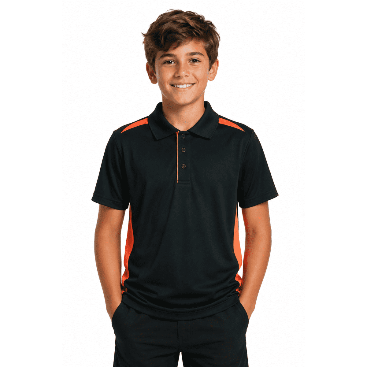 A black polo shirt with orange accents, worn by a smiling child. The shirt has a collar and buttons.