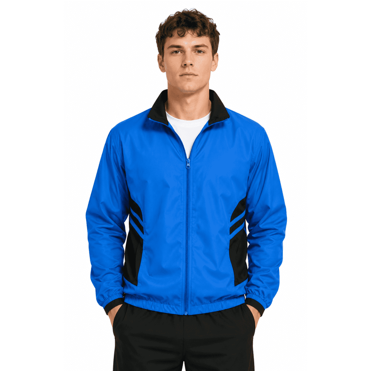 A men's track top in blue with black side panels and a zip front, featuring a collar and a logo.
