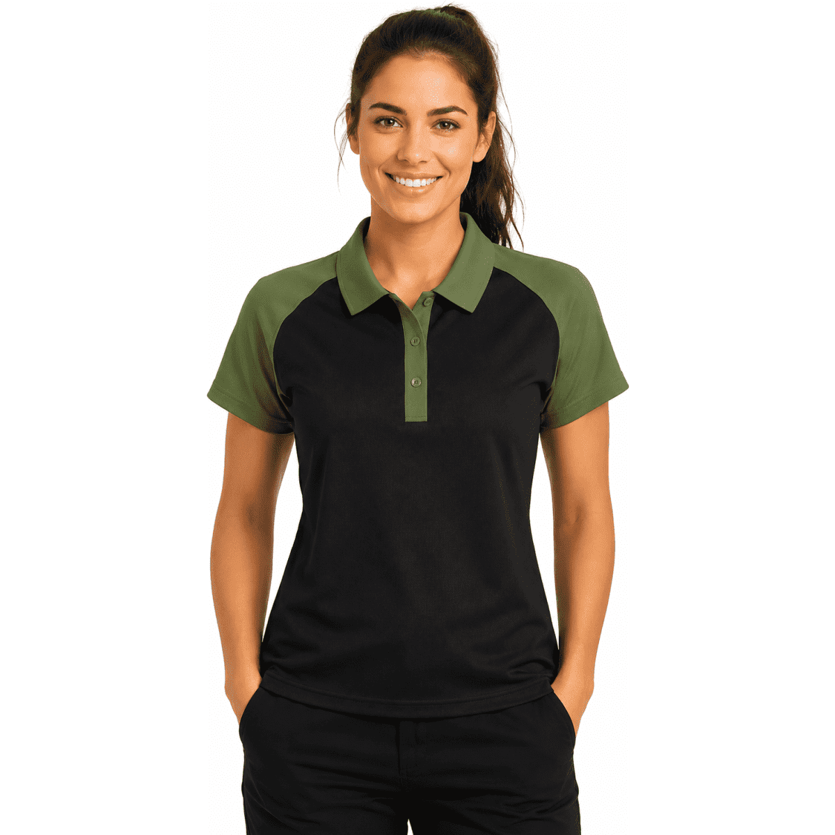 A polo shirt in black with green sleeves, featuring a collar and a central button placket. It includes a logo on the shirt.