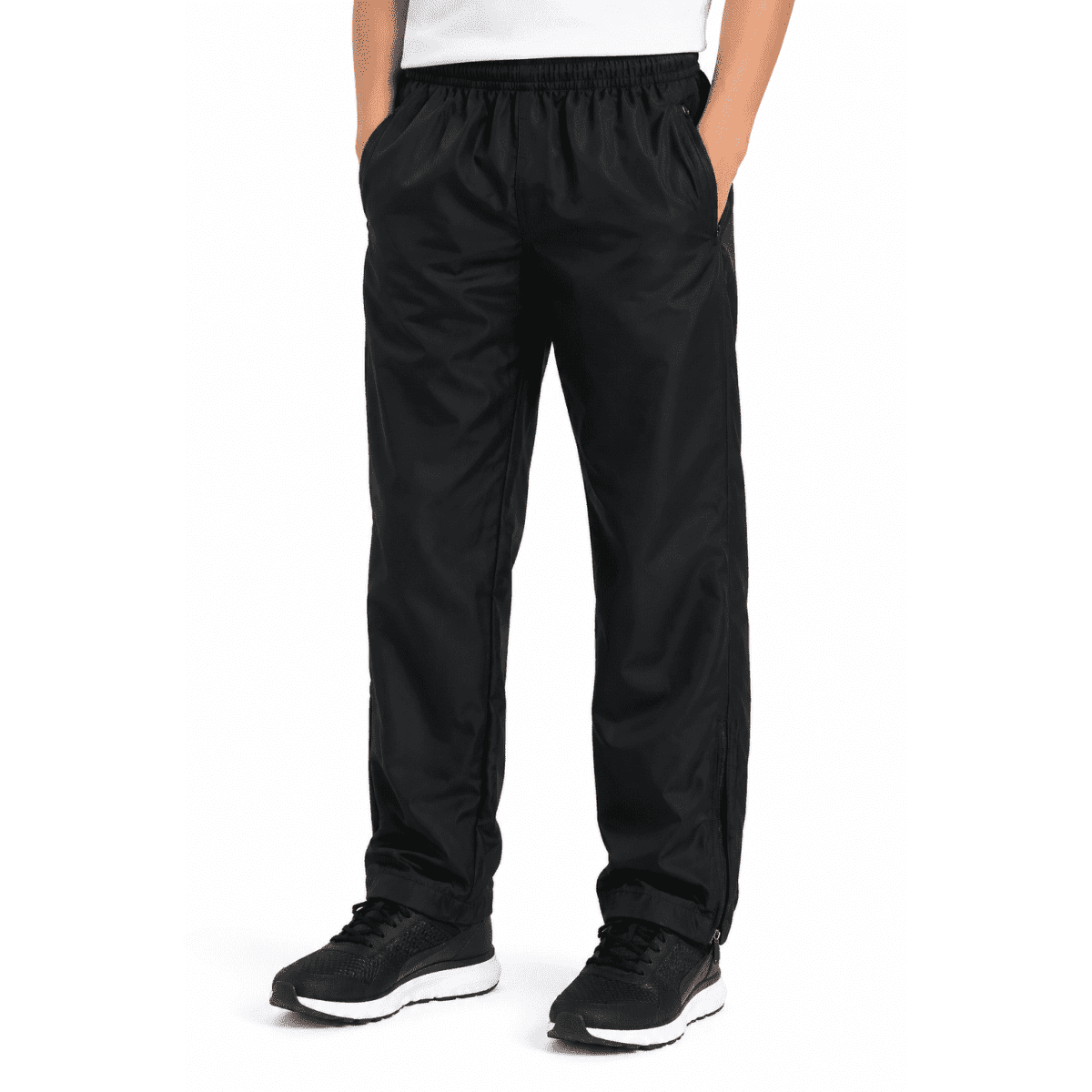 Black kids track pants with pockets, featuring an elastic waistband and a logo on the side.