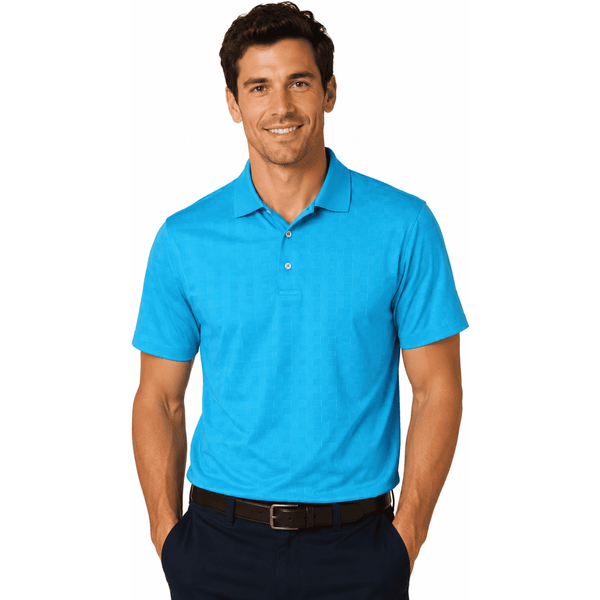A vibrant blue men’s polo shirt, featuring a collar and short sleeves, with a logo present.