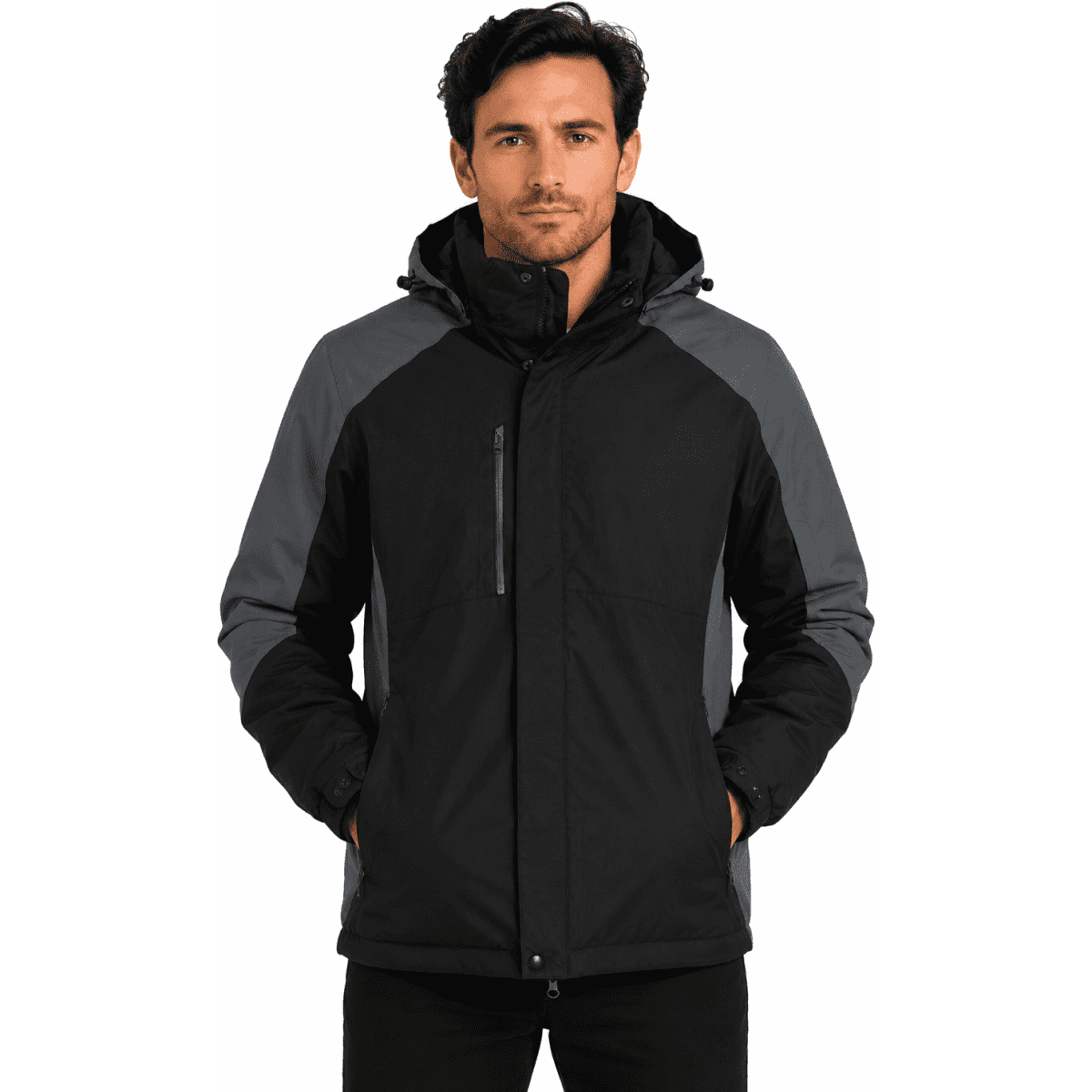 A black and grey men's jacket with a hood and zippered pockets, featuring a branding logo.