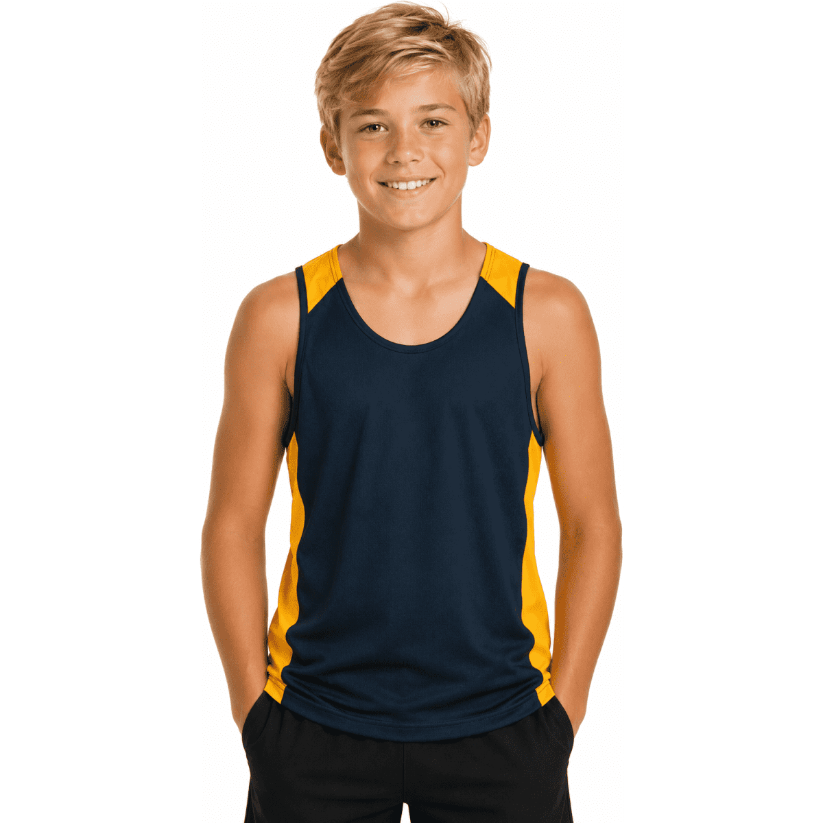 A navy and yellow singlet designed for kids, featuring a logo on the front.