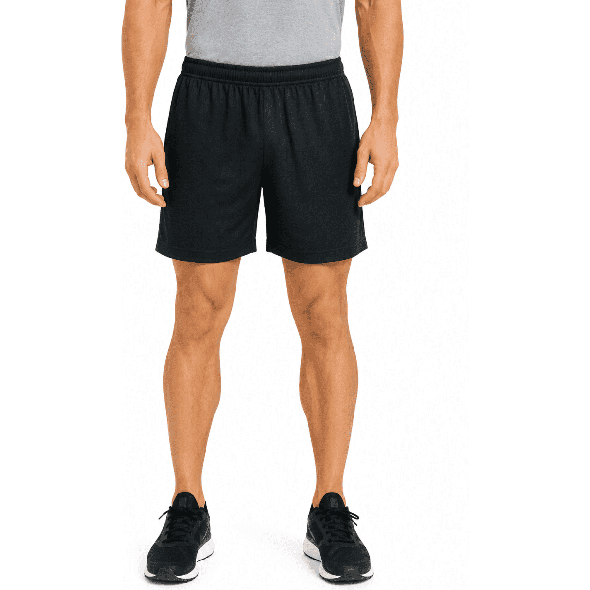 Black men's sports shorts with an elastic waistband, featuring a logo on the side. Suitable for athletic activities.