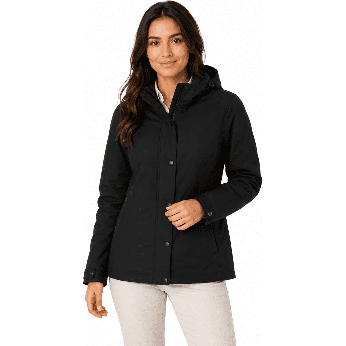 A black jacket with a hood, featuring a clean design and a woman wearing it. The jacket has a branding logo.