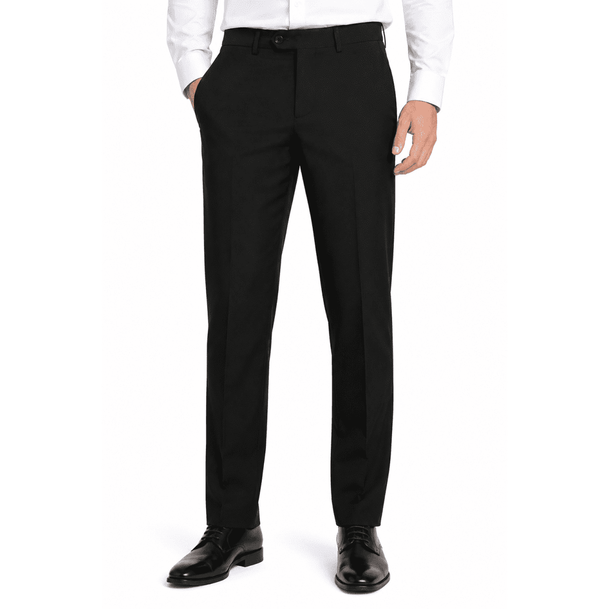 Black flat front men's pants featured with a slim fit and pockets, paired with shiny black shoes.