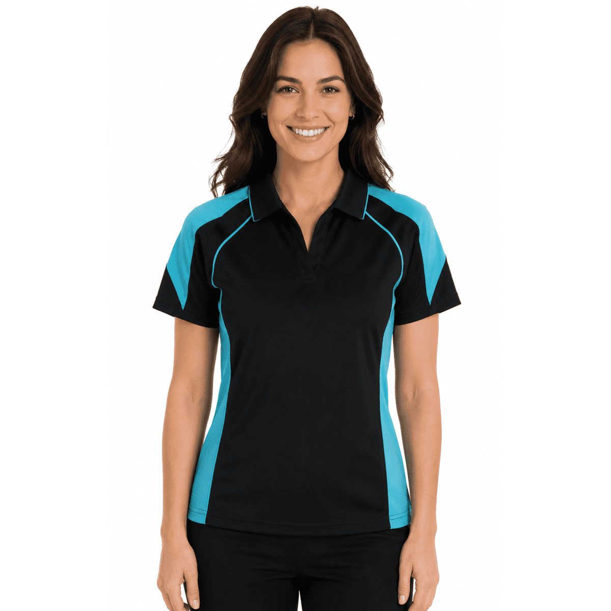 A black polo shirt with turquoise accents, featuring a logo, designed for women.