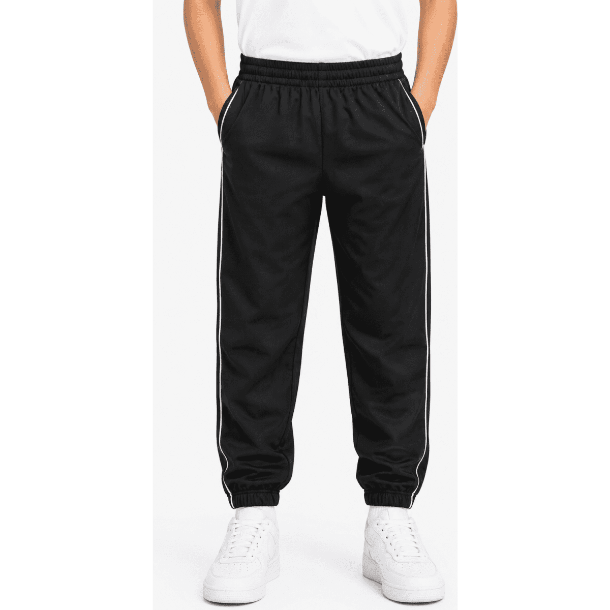 Black kids' pants with an elastic waistband, featuring side pockets and white stripe detailing on the sides.