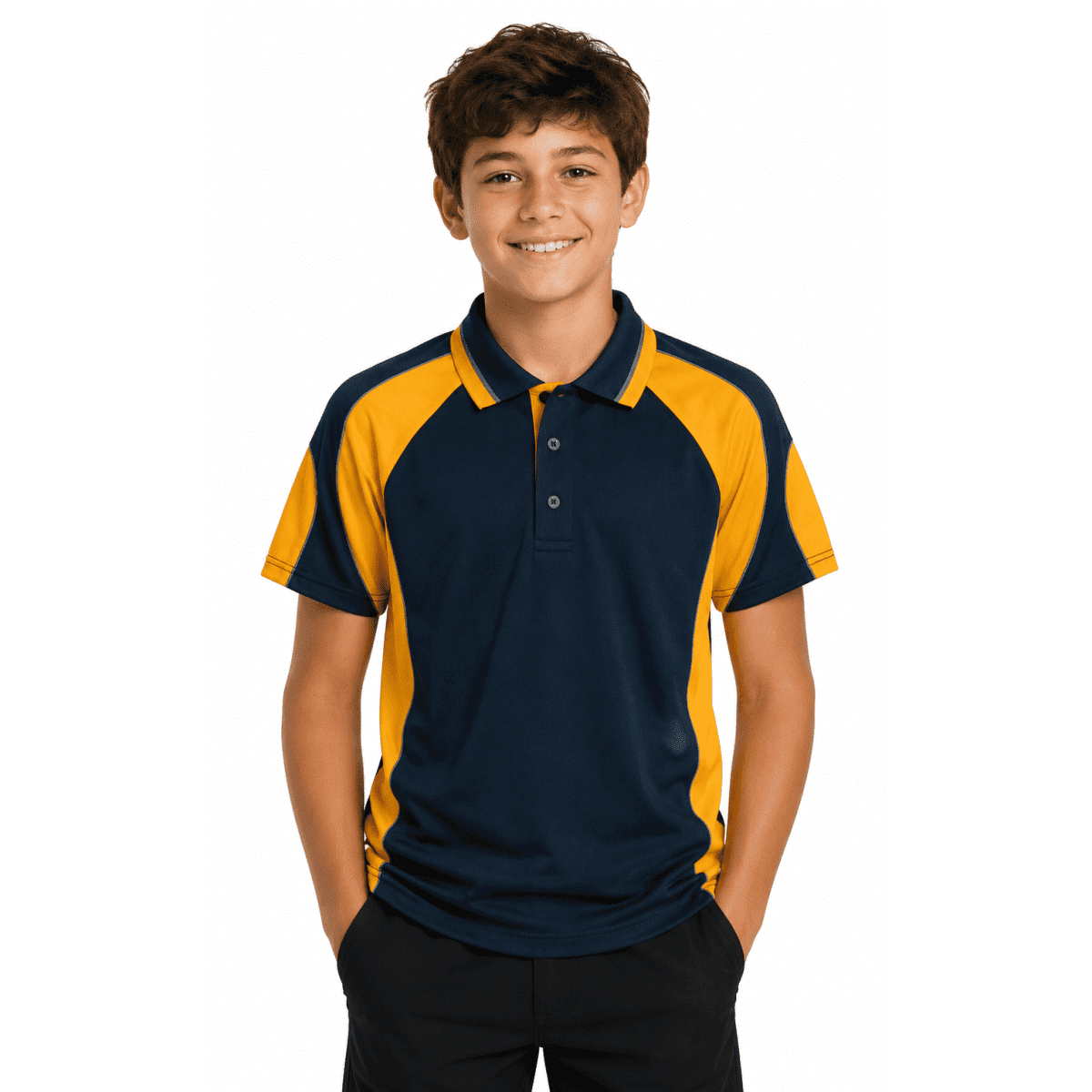 A navy and yellow polo shirt featuring a logo, designed for kids, with a sporty style and a comfortable fit.
