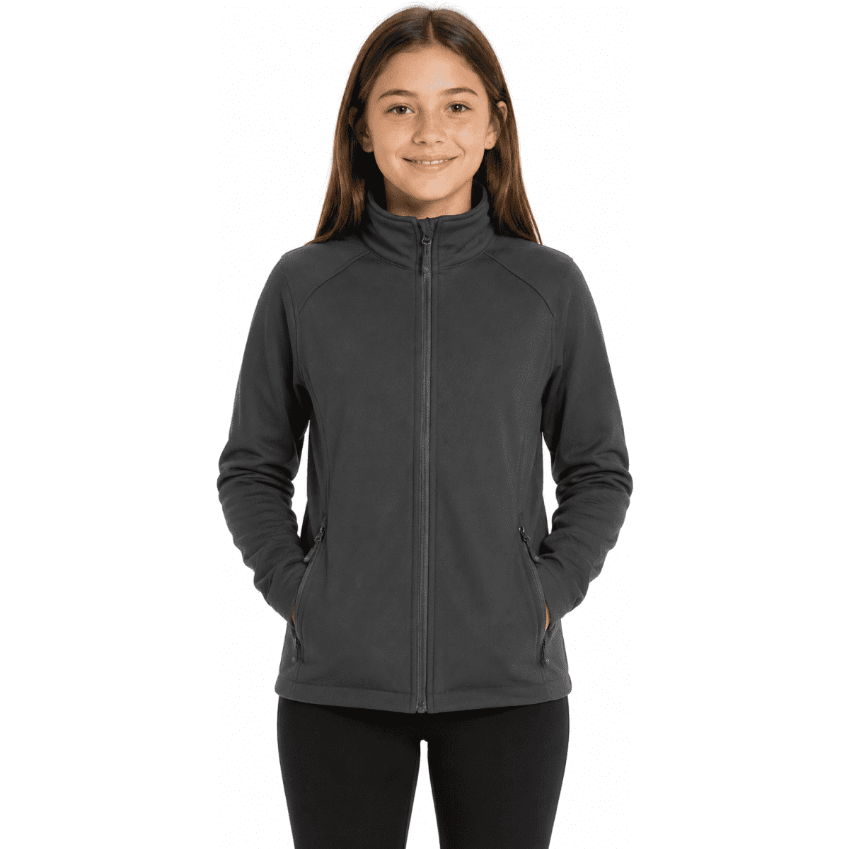 A soft shell jacket in dark grey, featuring a front zipper and side pockets, designed for kids.