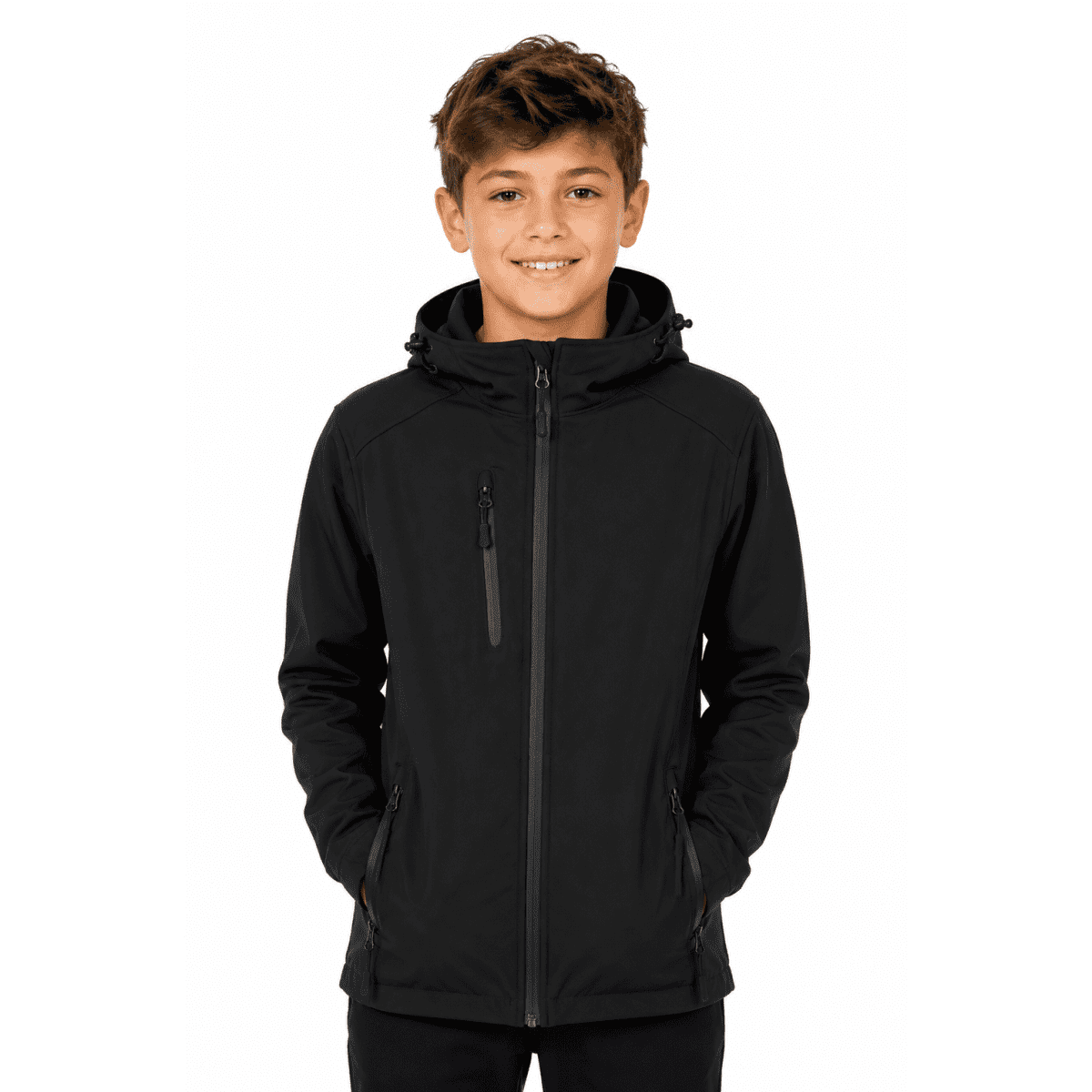 A black jacket with a hood and zippered pockets, featuring a logo and fitted design for kids.