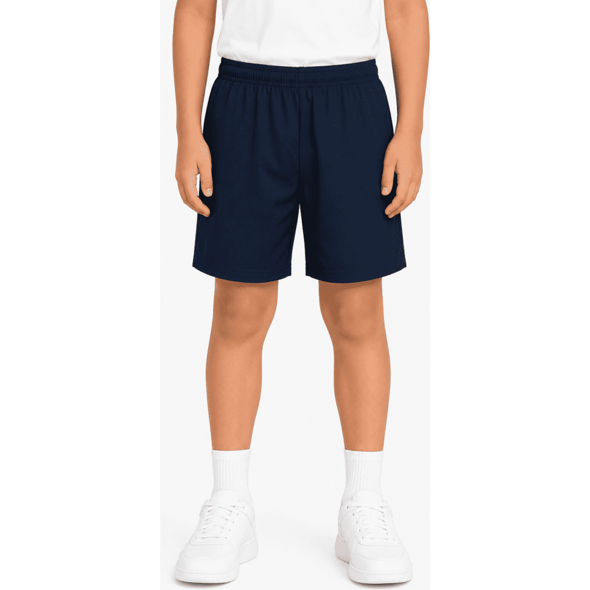 Navy school kids' sports shorts with an elastic waistband, modelled by a child wearing white shoes.