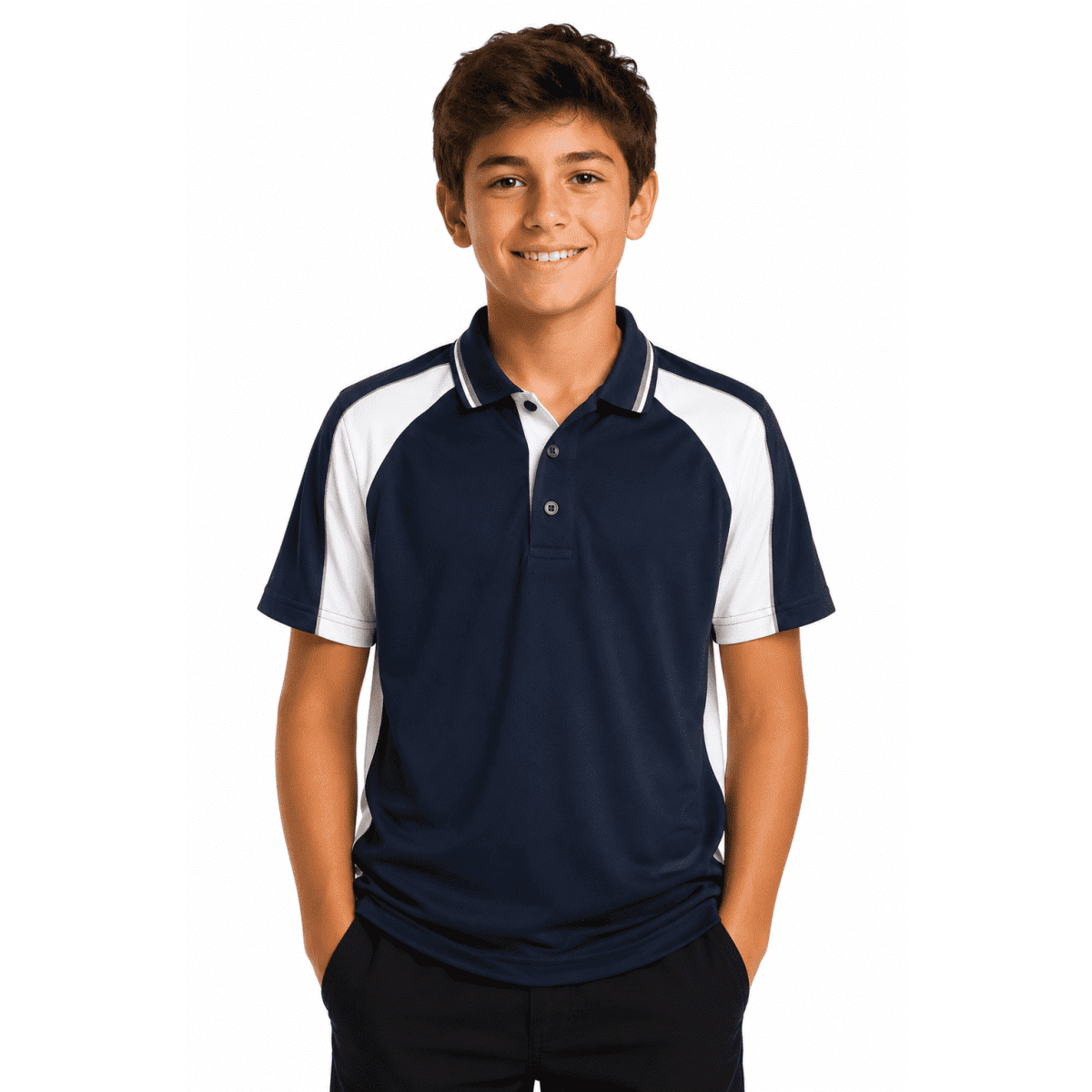 A navy and white polo shirt featuring a logo, worn by a smiling boy with hands in pockets.