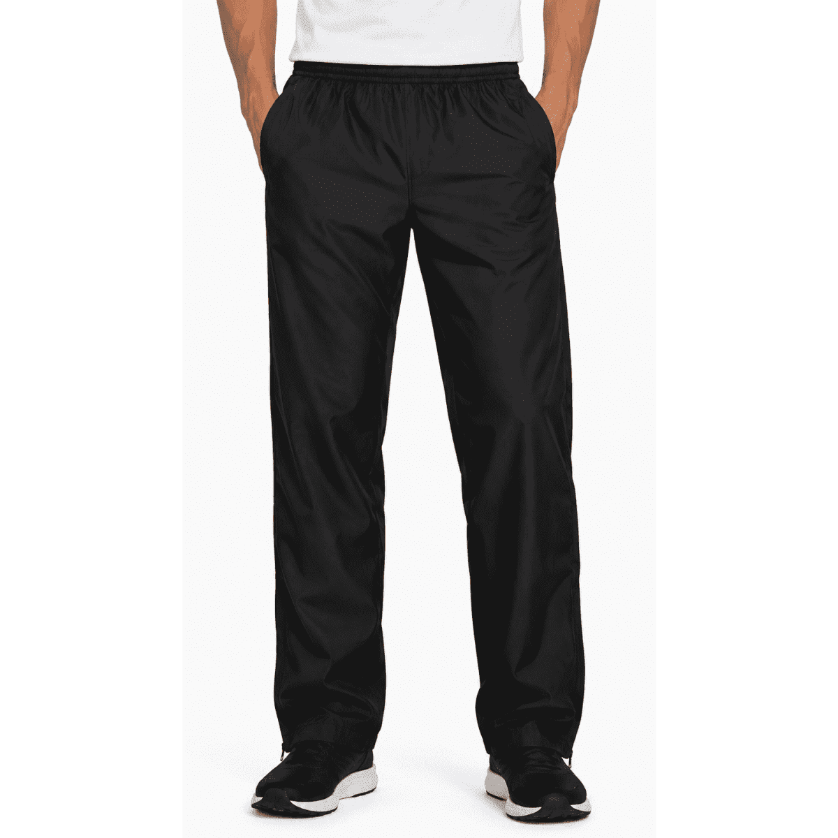 Black track pants with an elastic waistband and pockets, designed for men's active wear.