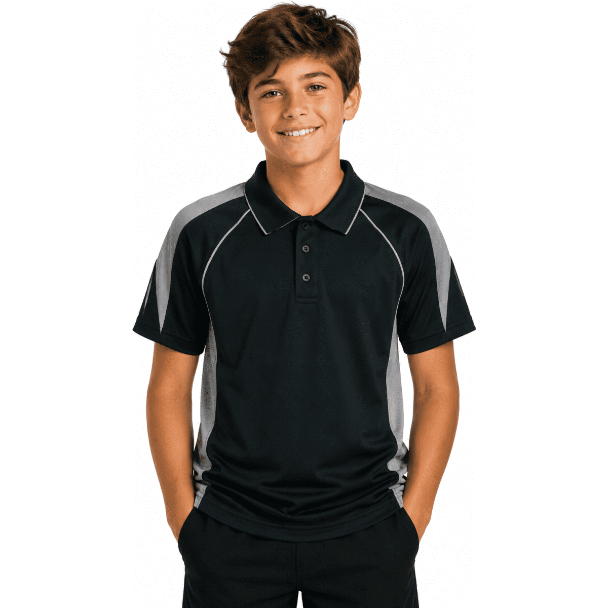 A polo shirt for kids in black with grey accents, featuring a collar and short sleeves. It has a logo on the chest.