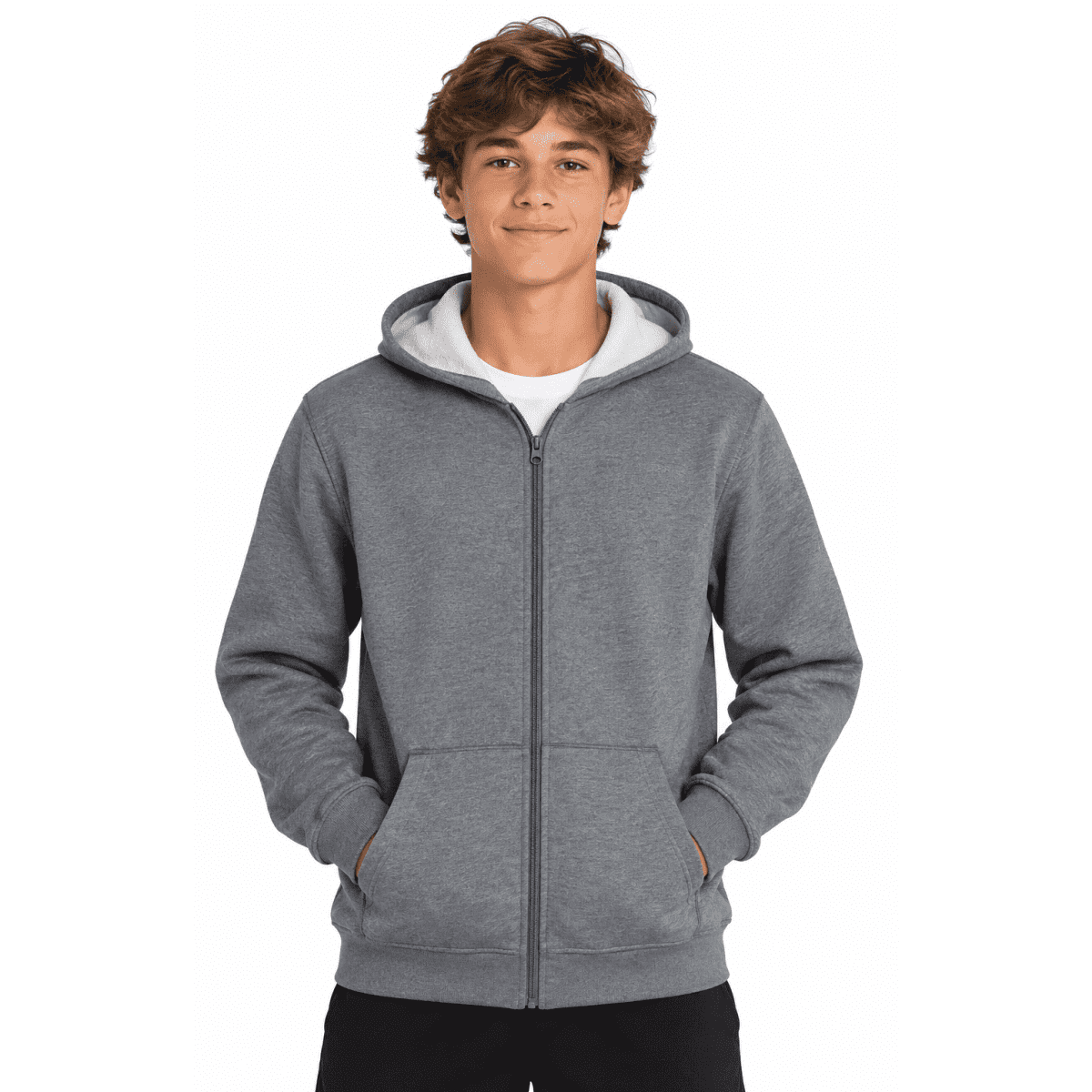 A grey zip-up hoodie with a white inner lining and a hood, featuring a model with hands in pockets.