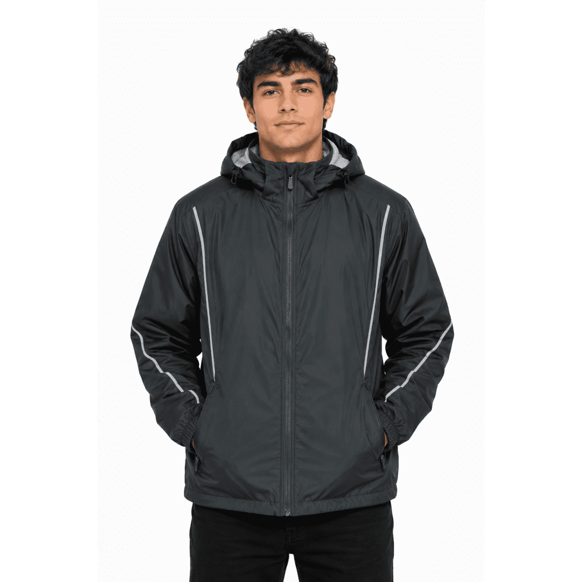 A black men's jacket featuring a hood and reflective stripes, designed for outdoor use. It has a logo on the chest.