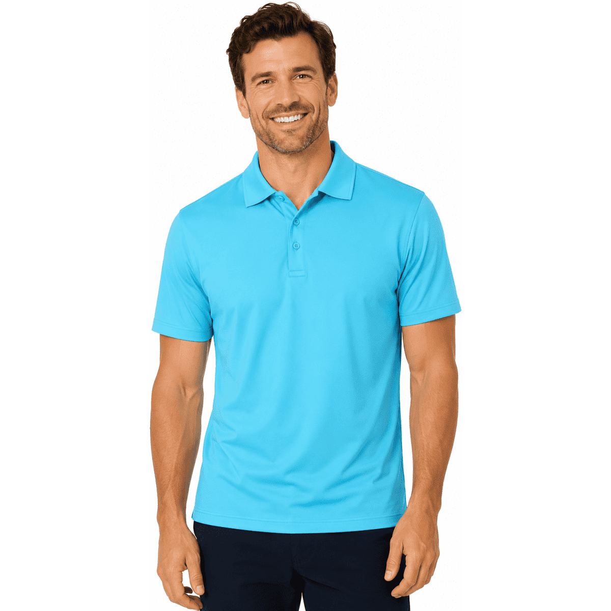 A light blue polo shirt for men, featuring a collar and short sleeves, with a logo on the chest.