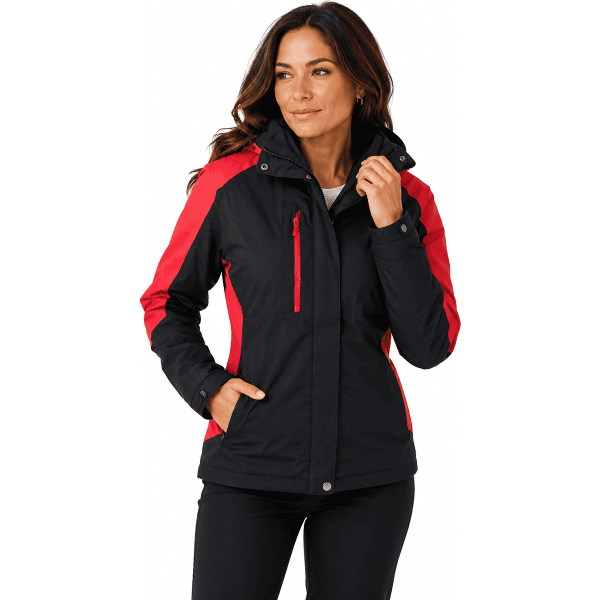 A black jacket with red accents, featuring a hood and zippered pockets, displayed on a model.