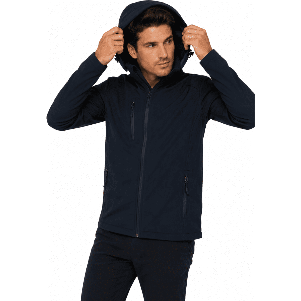 A man wearing a navy soft shell jacket with a hood, featuring zippered pockets and a fitted design.