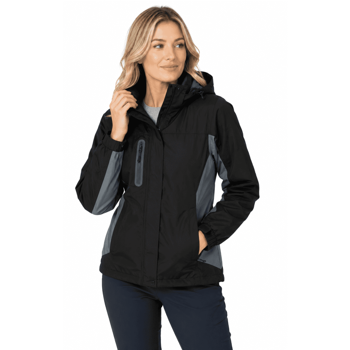 A black and grey women's jacket with a hood and zip pockets, featuring a logo.