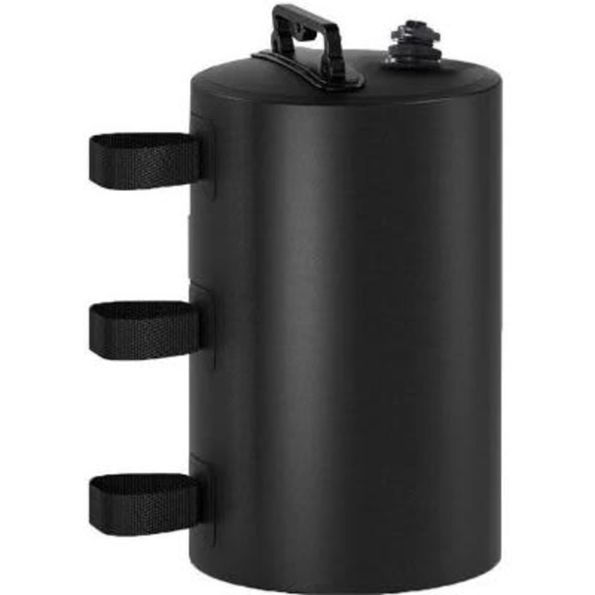 A drink bottle in black, featuring a handle and three straps for securing. It has a screw-top lid.