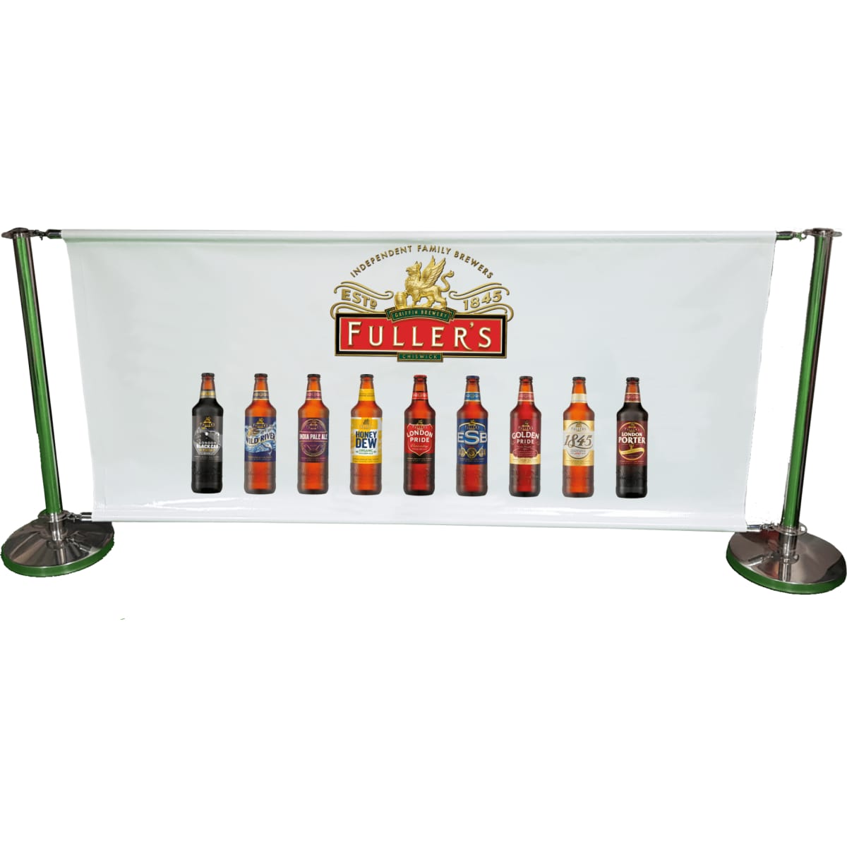 A crowd barrier featuring a white banner with various beer bottles displayed, supported by green metal poles and bases.