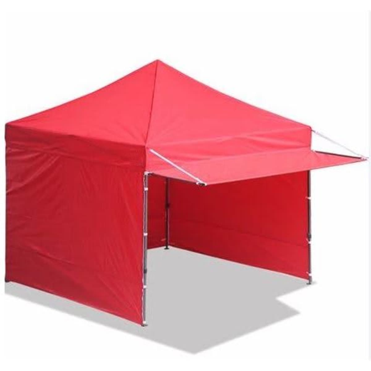 A red marquee awning featuring a peaked roof and open front, measuring 3000 x 714mm, with a supportive frame.