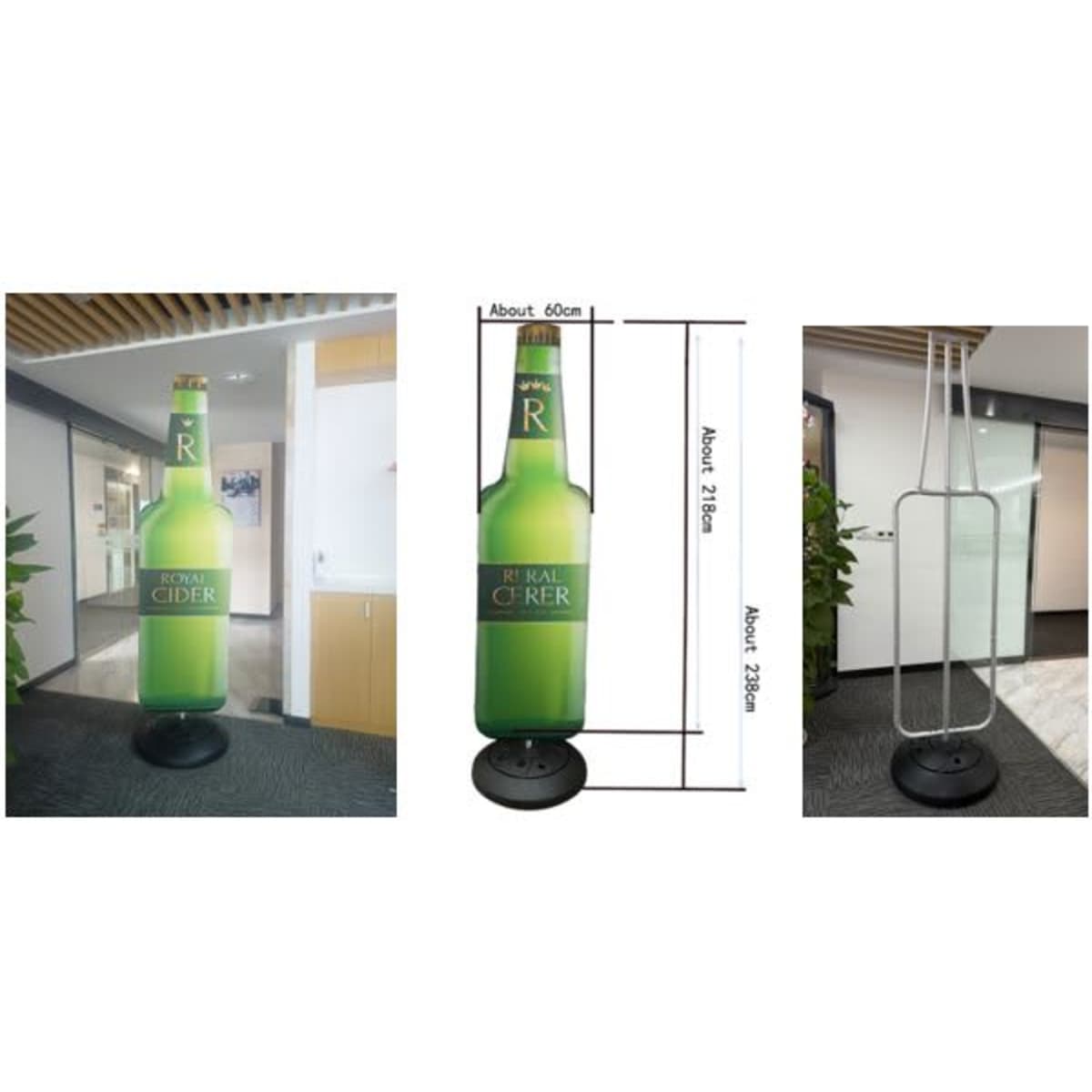 A drink bottle shaped display in green with a water base, measuring 600mm x 2000mm. Features a logo.