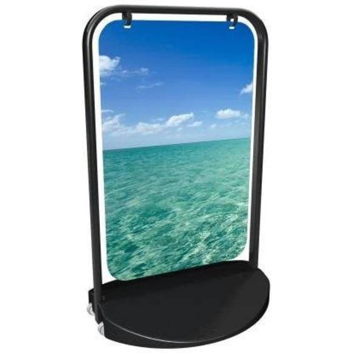 A signage stand with a black metal frame, water base, and a metal panel displaying a scenic ocean view.