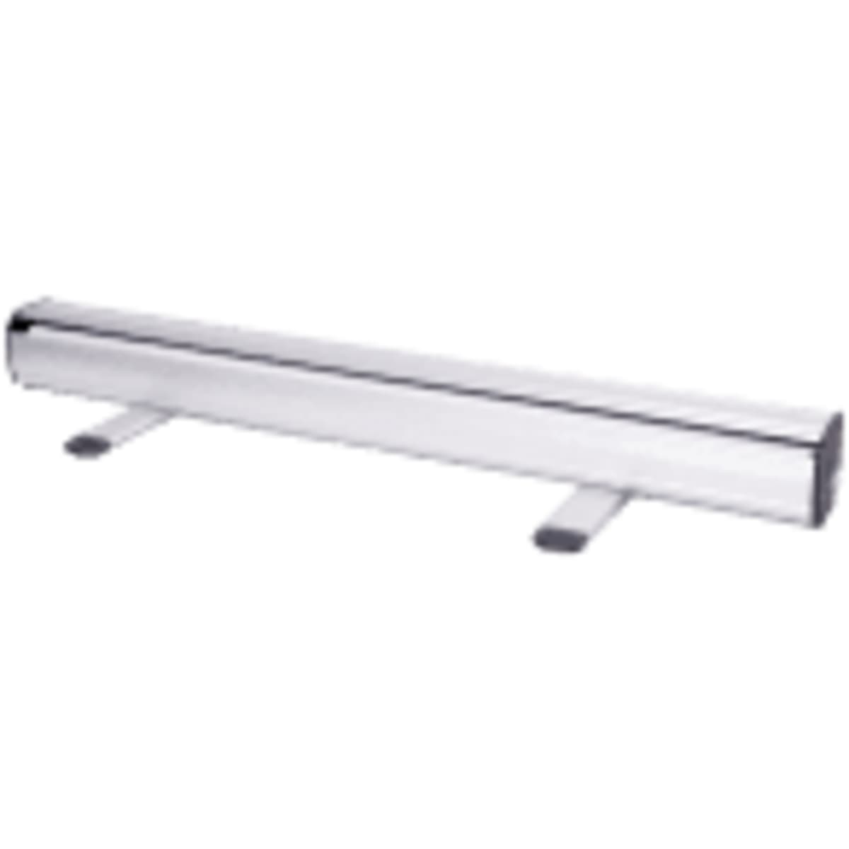 A pull-up banner stand in silver, designed for displaying promotional graphics. It features a clean and sleek design.