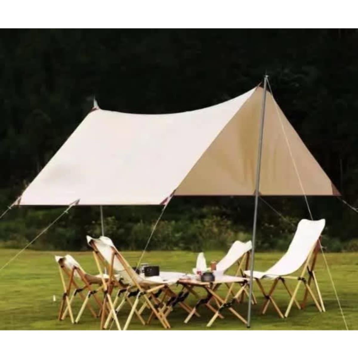 A beige camping canopy with poles set up outdoors, surrounded by wooden folding chairs on green grass.