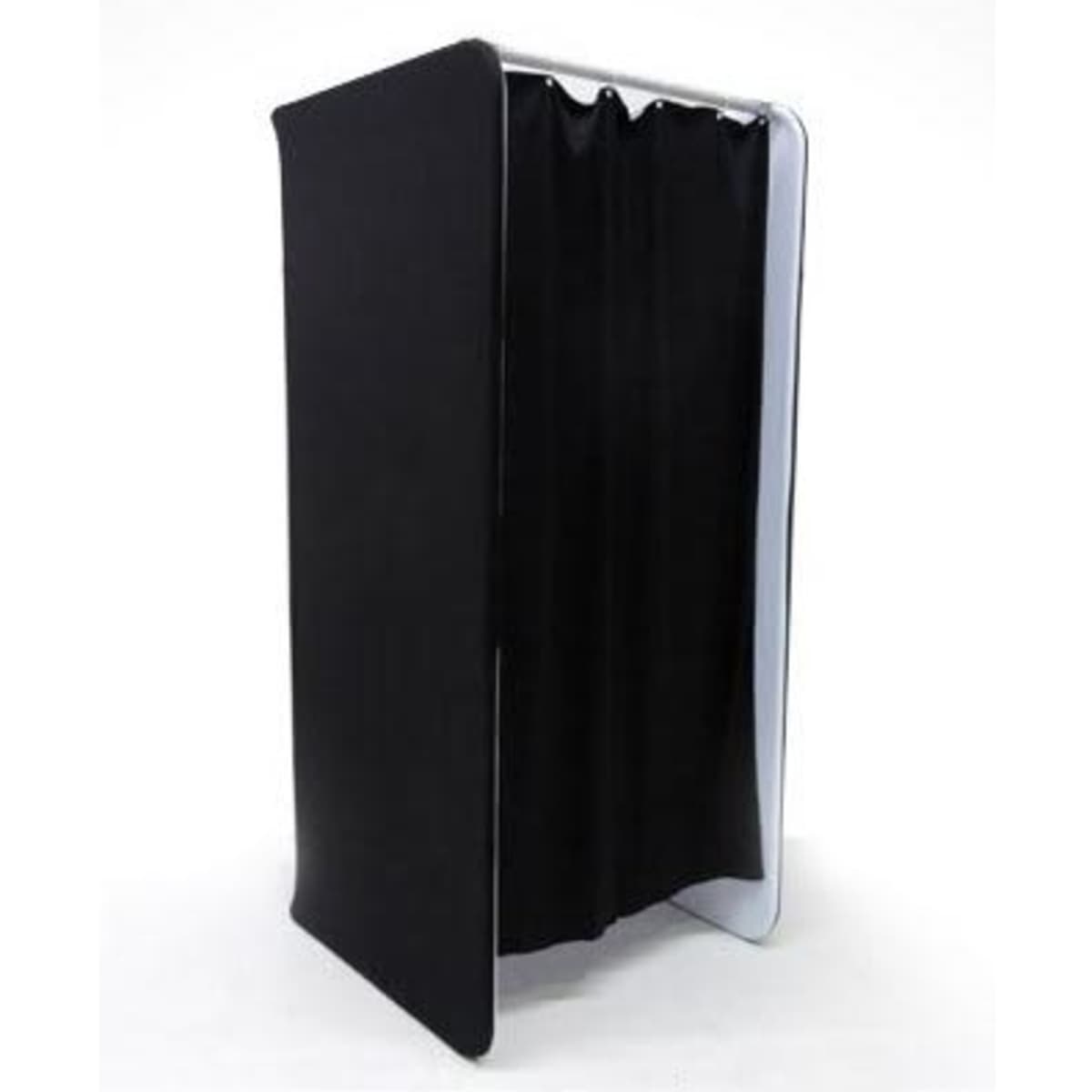 A black tension fabric change room with a white frame and four curtain panels. It features a logo.