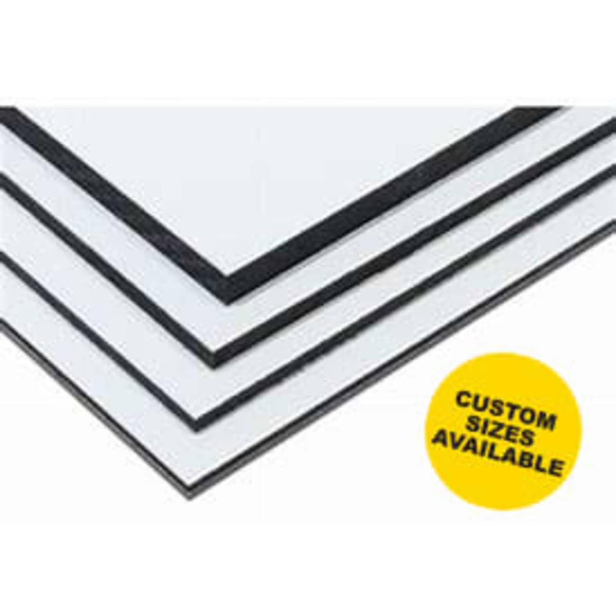 Aluminium composite panels in white with black edges, displayed in various sizes. A logo is visible in the corner.