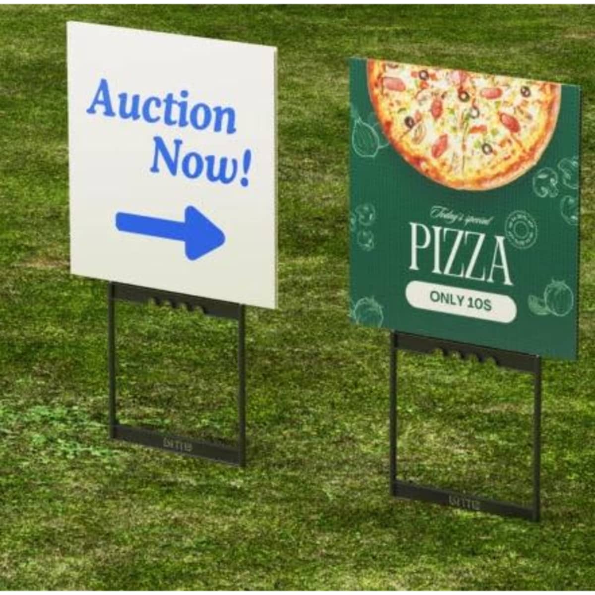 Two promotional signs on black wire stakes, one with an arrow and text reading "Auction Now!" and the other advertising pizza.