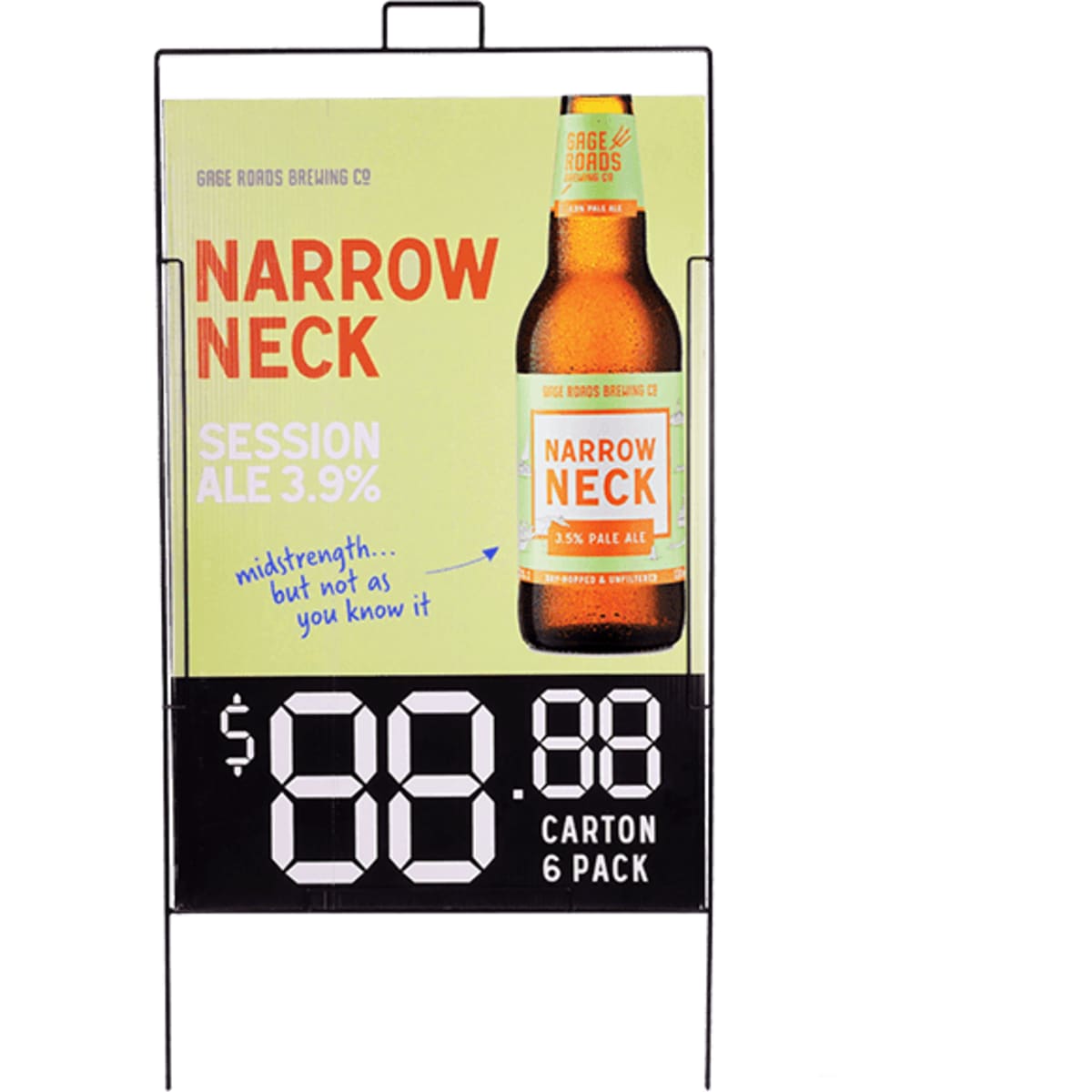 A promotional display featuring a session ale in a brown bottle, with a colourful background and a logo. It has a black stand.
