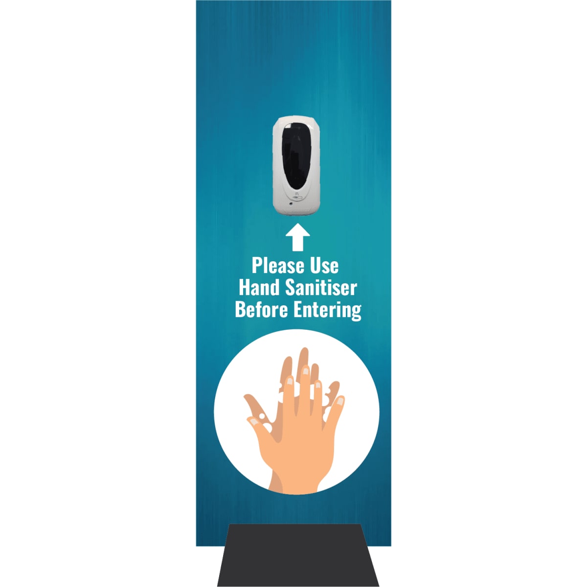 A white hand sanitiser dispensing station mounted on a blue background with an illustration of a hand.