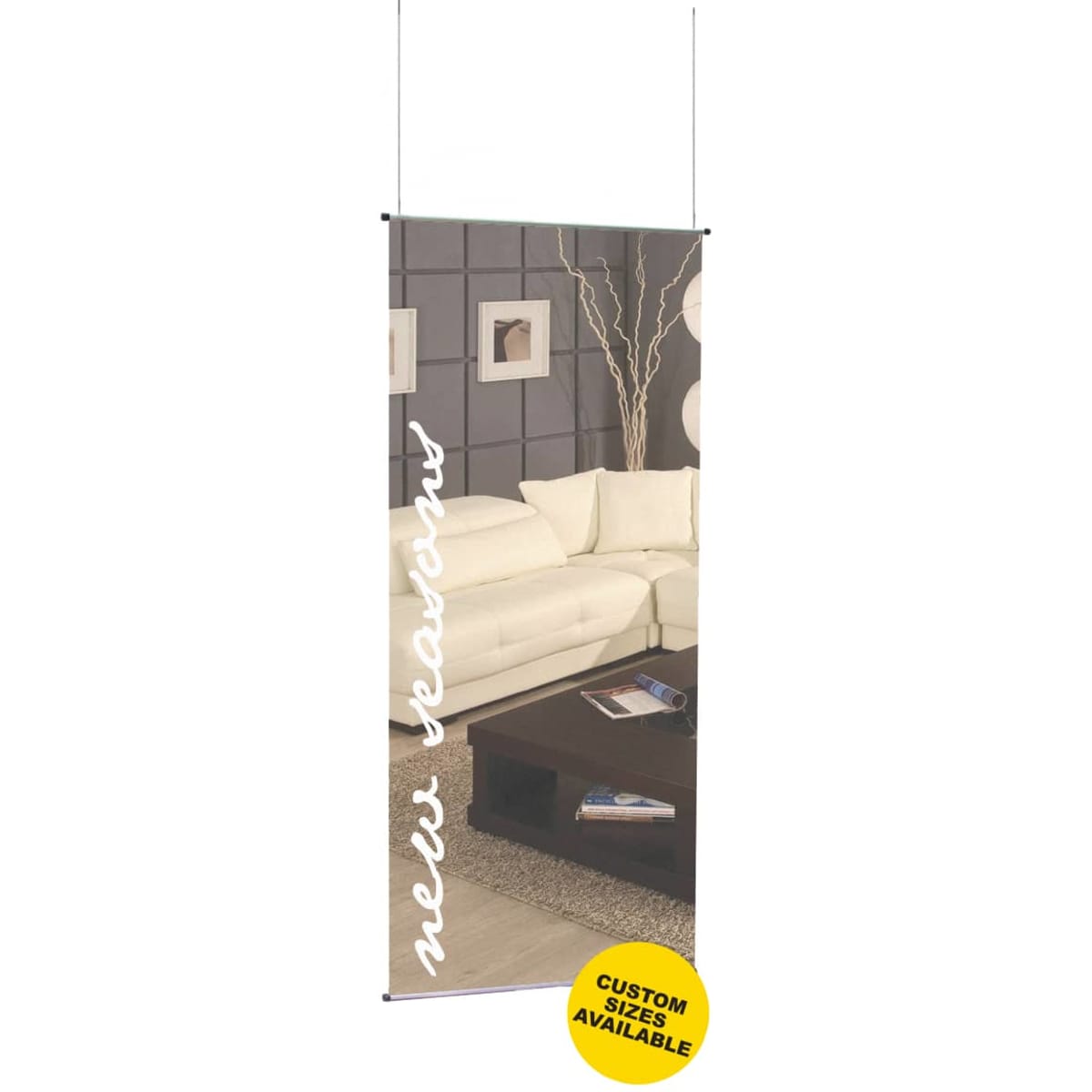 A vertical retail mesh banner featuring a modern living room scene with a white sofa and dark furnishings. It includes a logo.
