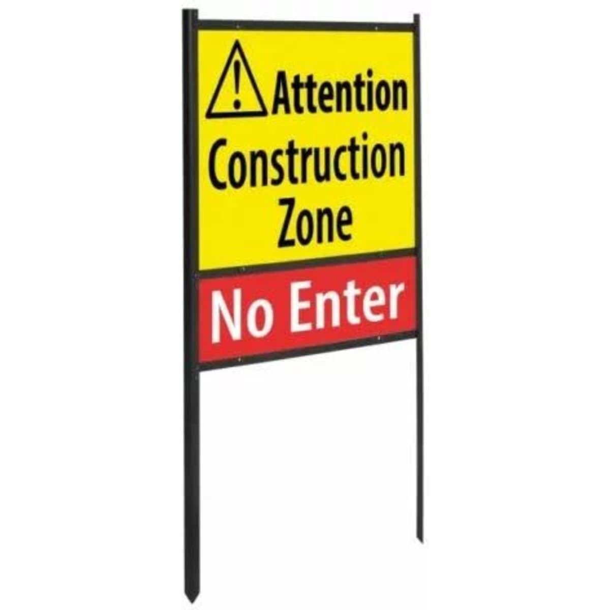A black angle iron signage stand featuring a yellow and red sign indicating a construction zone with a "No Enter" message.