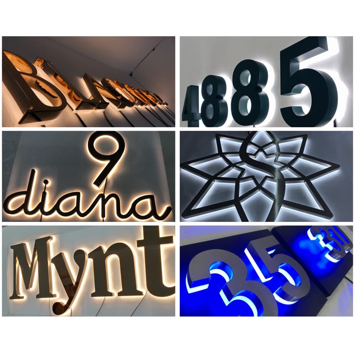 Illuminated LED signage in various designs and colours, including gold, blue, and white, featuring different fonts and styles.