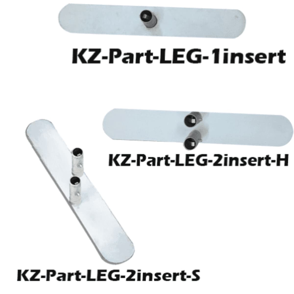 Three metallic leg inserts are displayed, featuring a silver finish with two cylindrical connectors on each piece.