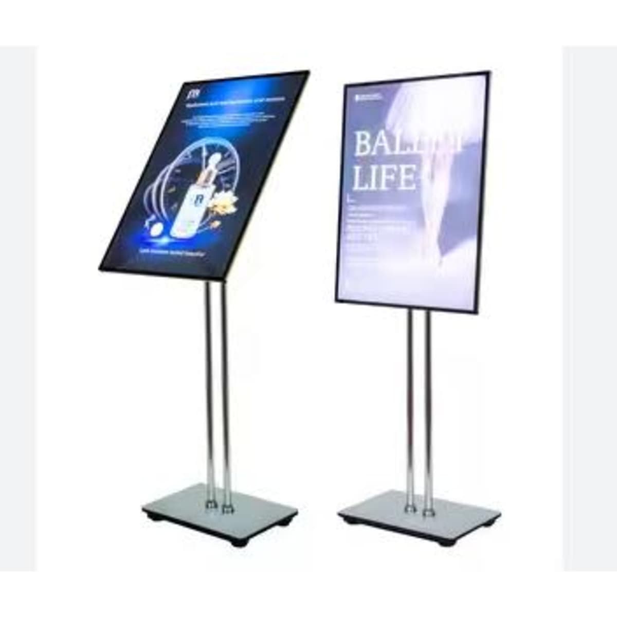 Two LED poster stands with black frames and silver bases, displaying promotional content in vibrant colours.