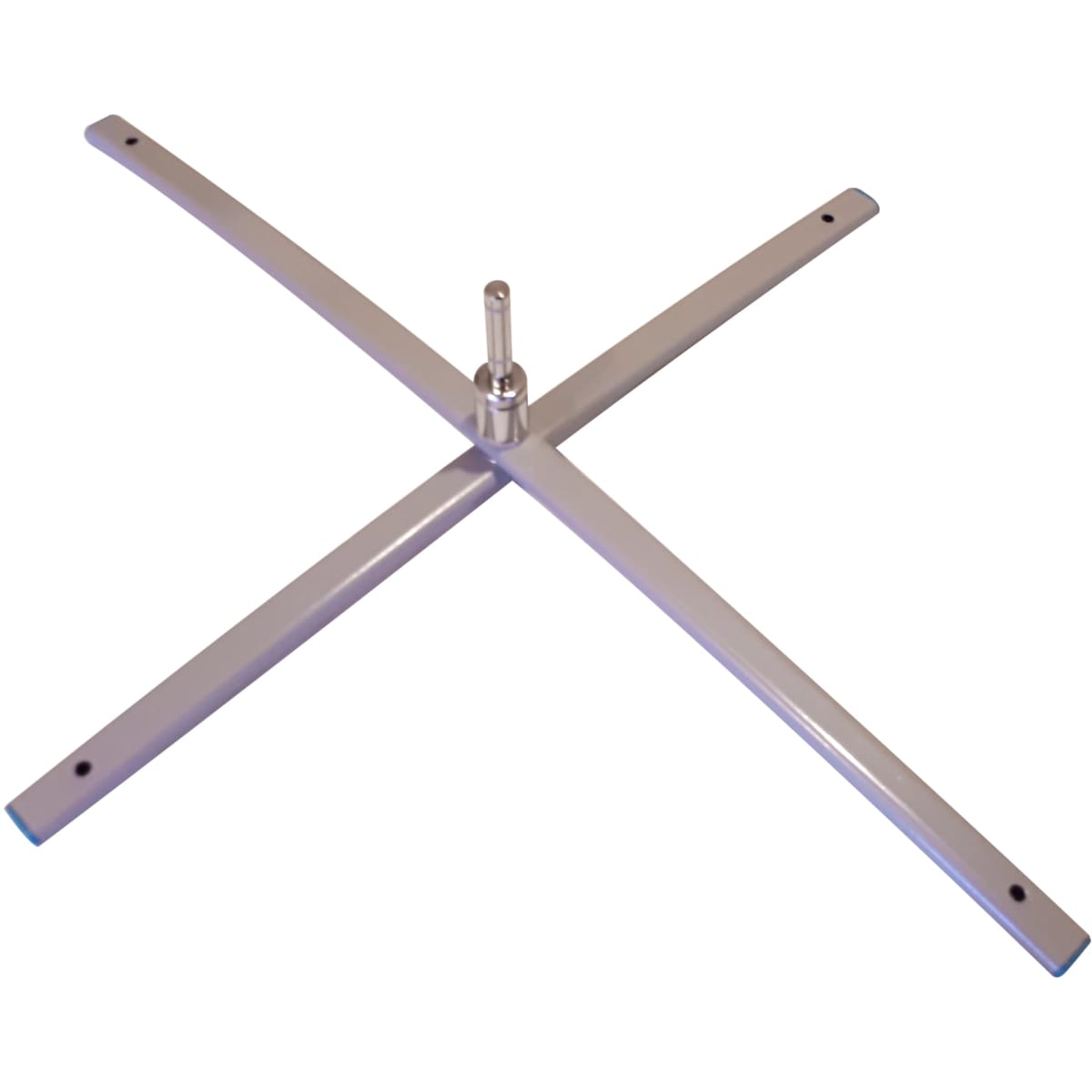 A light silver swivel base with a cross design and a central pole for stability. Features a simple logo.