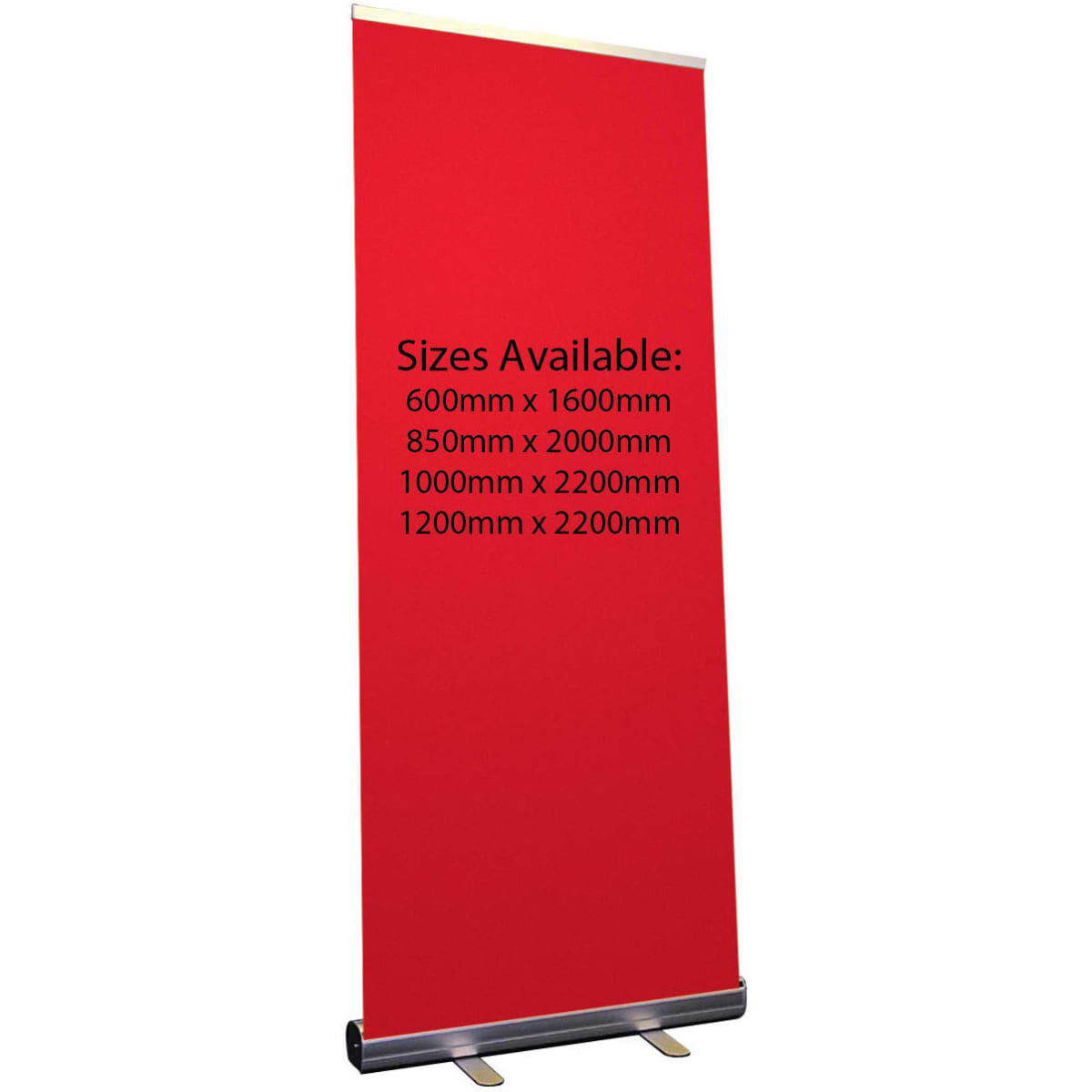 A red pull-up banner stands upright, featuring a silver base and a logo at the bottom.