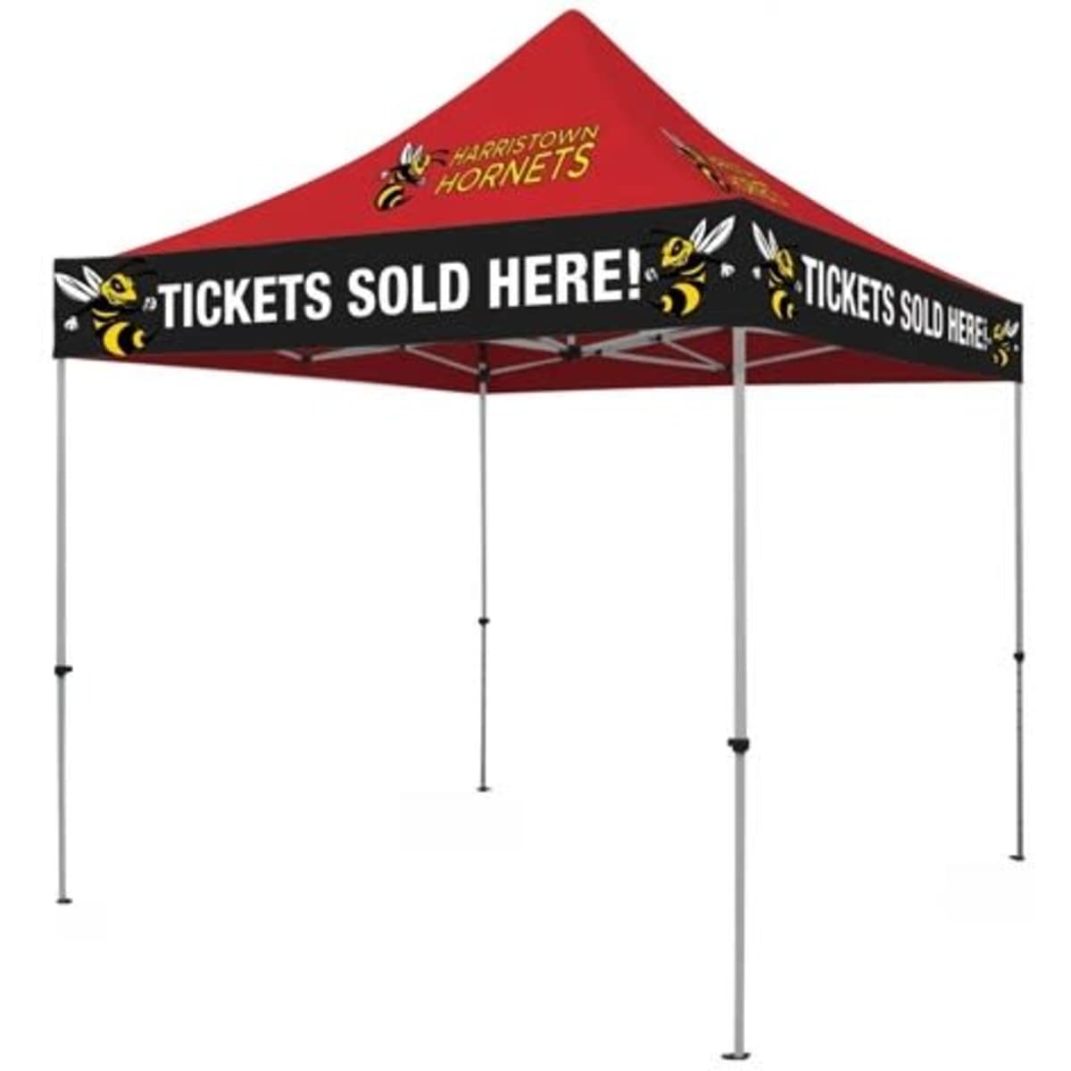 A red marquee tent with a triangular canopy and a banner featuring a logo. Sturdy metal frame with four legs.