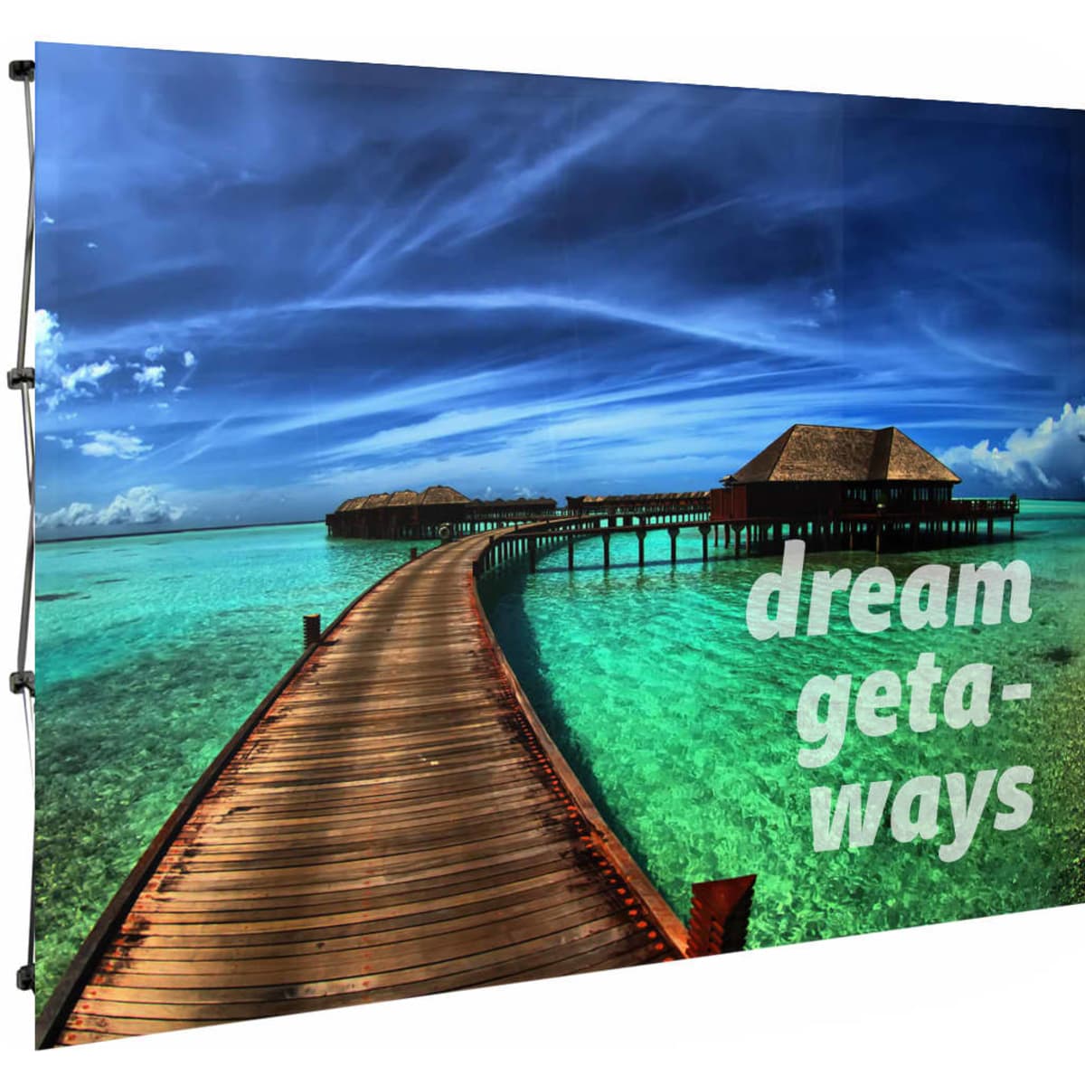 A flat media wall measuring 2.25m x 2.25m, featuring a vibrant beach scene with wooden walkways over turquoise water.