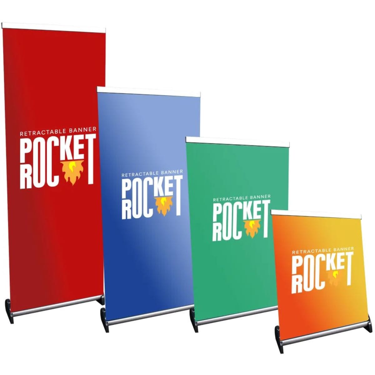 A set of four retractable banners in red, blue, green, and yellow, featuring a logo on each.